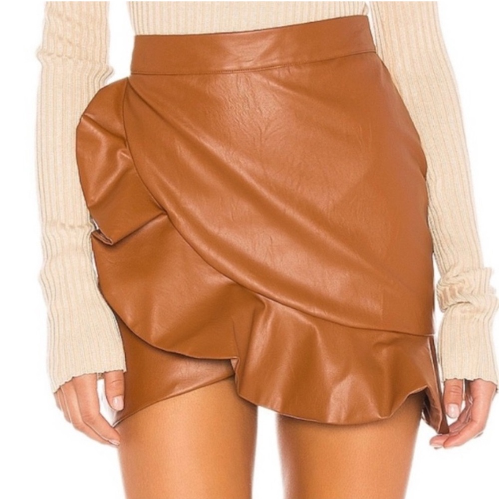 MAJORELLE Tan Leather Asymmetrical Ruffle Mini Skirt